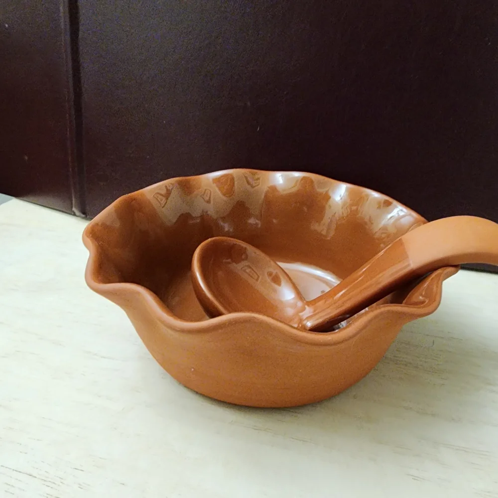 Crate&Barrel Terracotta Redware Ceramic Bowl and Spoon Set Designer Bret Botner